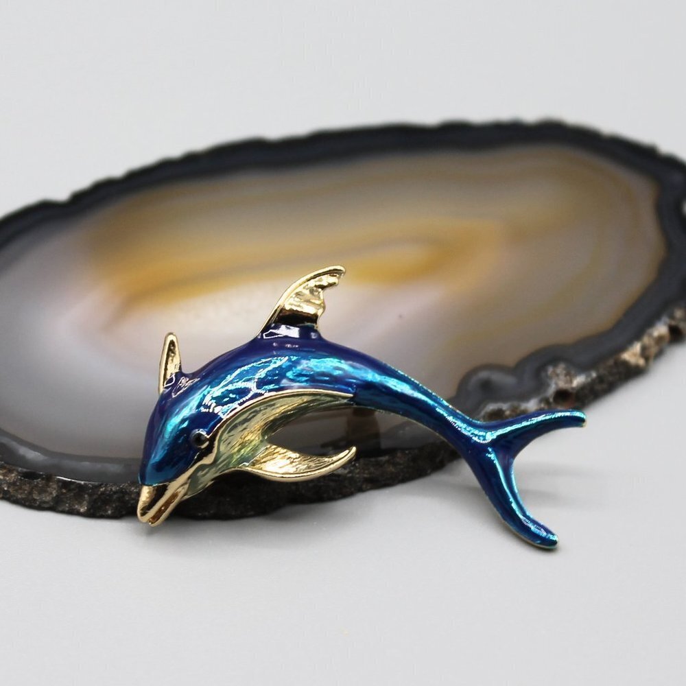 Dolphin water animal pin brooch jewelry fashion blue gold tone cute adorable new